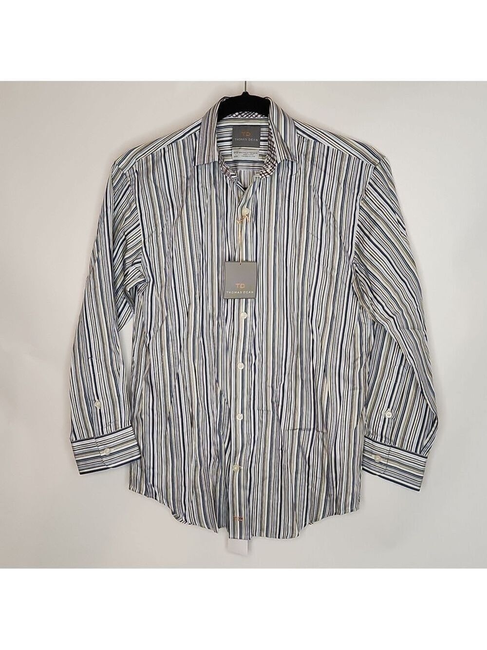 Thomas Dean dress shirt 10/12 NWT! Blue yellow white stripe inner plaid cotton